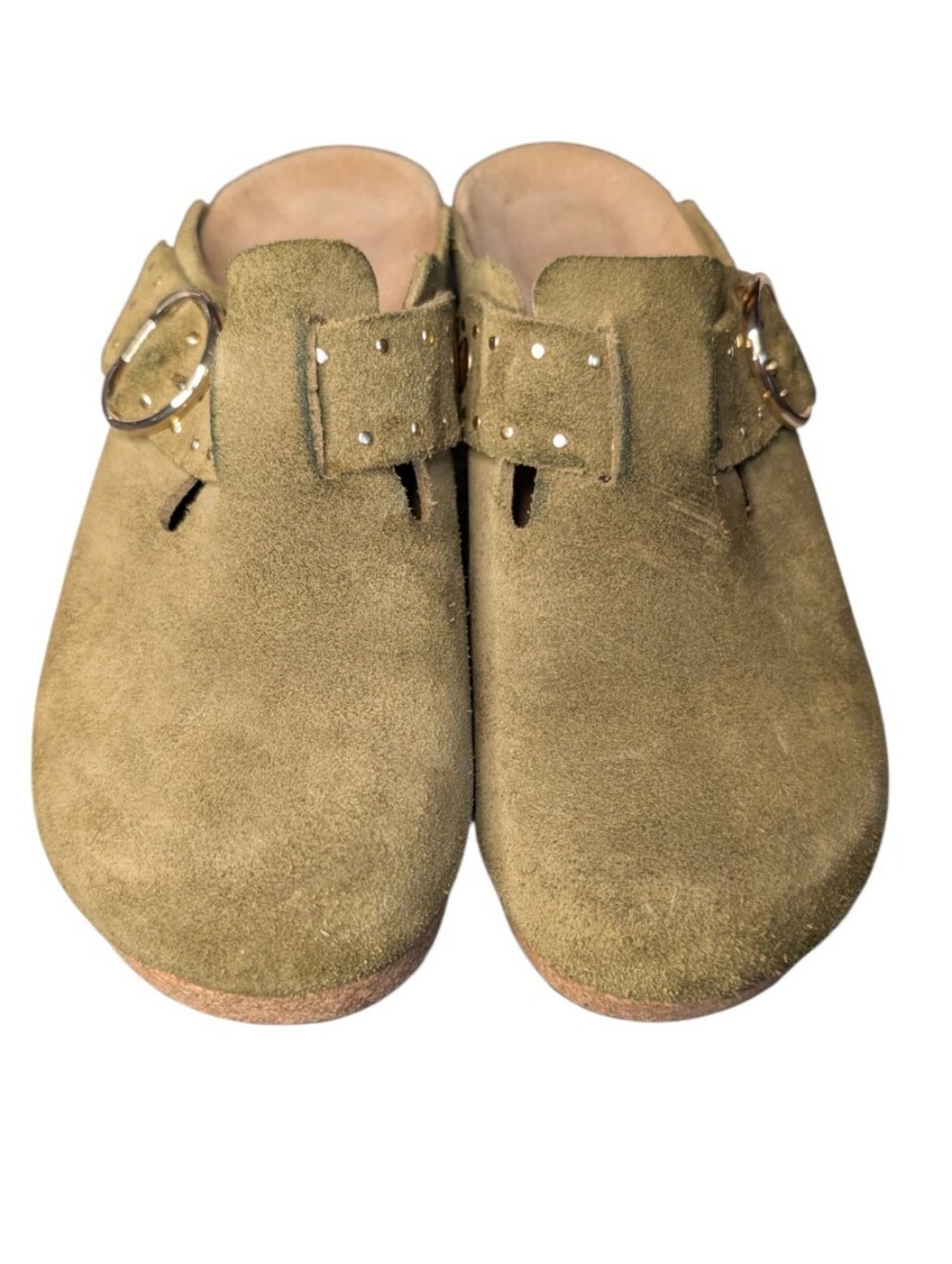 As-Is Papillio Birkenstock Fanny Wedge Clog Green Suede Size 39 cork damage flaw